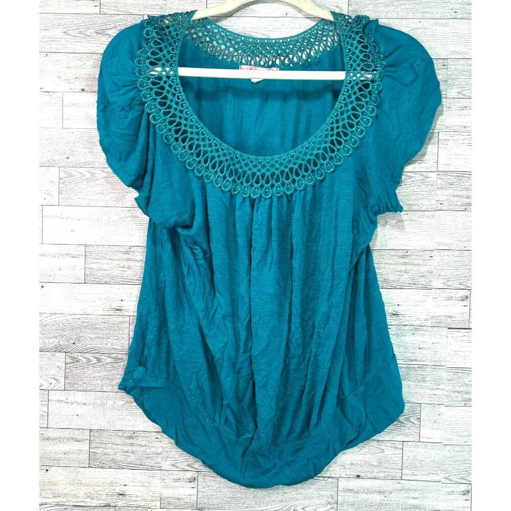 Robins Nest Maternity Top Women's Large Teal High-Low Top Crochet‎ Neckline